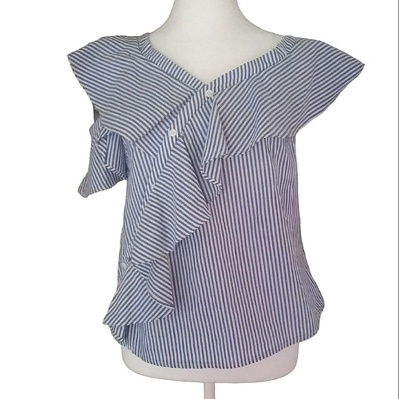 Do+Be Blue White Striped Cotton Ruffle Sleeve Blouse Size Small - Picture 3 of 7